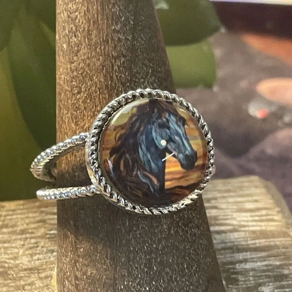 Stained Glass Horse Silver-Tone Ring in Blue and Brown